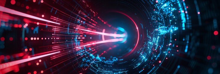 Aufkleber - dynamic depiction of a neon tunnel with vibrant blue and red lights, illustrating technological prog