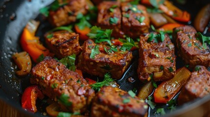 Wall Mural - Seared marinated seitan with fresh veggies in coconut oil and aromatics