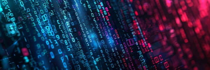 Poster - A digital matrix with streaming lights and binary codes portrays data flow and technology advancements