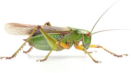 Sticker - A close-up shot of a green grasshopper sitting on a white surface, with minimal distractions