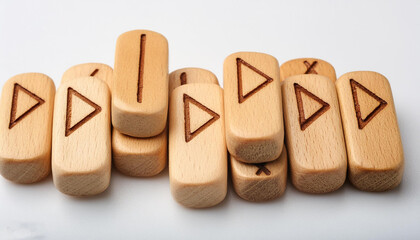 Photo of wooden tablets with runes created in AI on a white background