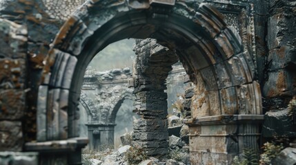 Poster - A stone arch surrounded by moss and vines, located within an old stone building