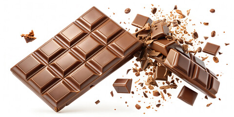 Chocolate bar piece explosion chunk candy broken isolated milk cocoa fly white background.