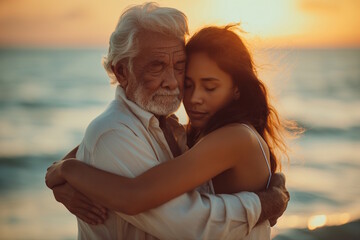 Elderly Hispanic man and young woman hugging each other on the beach at sunset. Concept of family love, emotional connection, and summer holiday