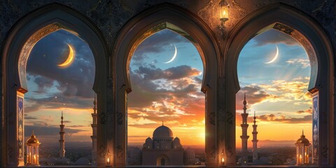 Sticker - Beautiful sunset over city with mosque in background