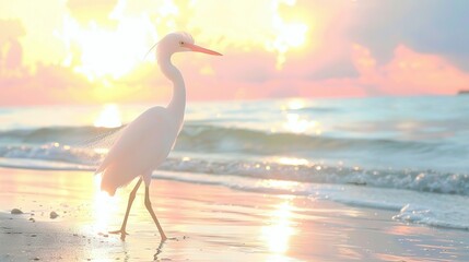 Poster -   A white bird perched atop a sandy shore, beside the glistening ocean, as the sun descended behind it