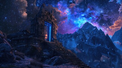 Wall Mural - mountain range with castle in middle and glowing door