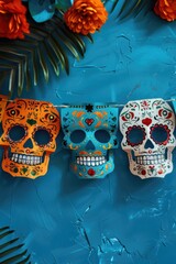 Sticker - Three skulls are hanging from string, with one of them being blue