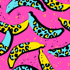 Wall Mural - Fashion tropics funny wallpapers. Seamless pattern with bananas on pink background and leopard print. Bright summer fruits illustration. Tropical Design for fabric and textile