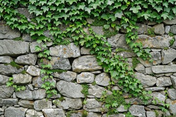 Aufkleber - A stone wall with lush green plants growing on it, providing a natural and serene atmosphere