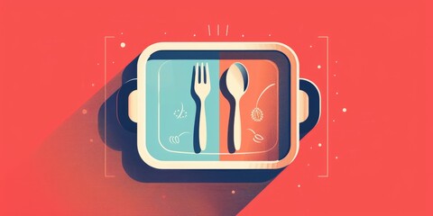 Canvas Print - Red background with blue and white plate with fork and spoon on it