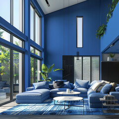 3D illustration of a living room interior in a modern blue design featuring Classic Blue color.