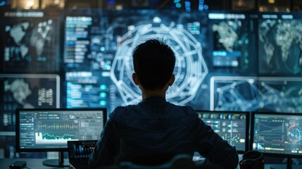 A person viewing a detailed cybersecurity dashboard, standard lens, directional desk lighting, golden ratio focusing on the dashboard, highly detailed, with a copy space on the screen or background