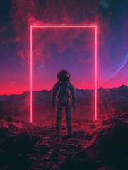 Wall Mural - Man in spacesuit stands in front of glowing red wall