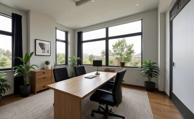 Wall Mural - Contemporary home office with sleek furniture, large windows, and a variety of succulents