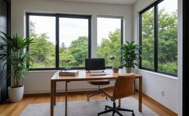 Wall Mural - Contemporary home office with sleek furniture, large windows, and a variety of succulents