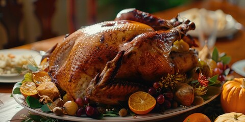 Canvas Print - Large turkey is surrounded by fruit and vegetables on white plate