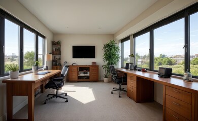 Wall Mural - Contemporary home office with sleek furniture, large windows, and a variety of succulents