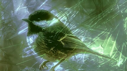 Wall Mural - a bird perched on a tree limb against a blue and green backdrop, with a blurred depiction of itself 