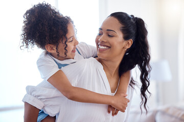 Canvas Print - Piggy back, mom or child in home for love, support and trust in relationship. Mother, daughter or games in morning for bonding, vacation and development in New Zealand for care, security or happiness