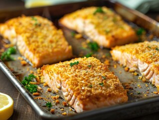 Canvas Print - Tray of fish with lemon slices and parsley on top