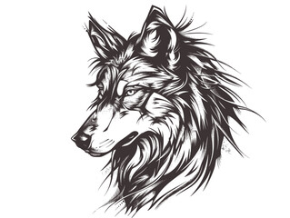  A wolf with a fierce look on its face. The wolf is drawn in black and white. The wolf's fur is long and flowing, giving it a wild and untamed appearance. Scene is one of strength and power