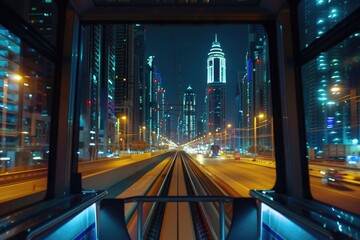 Wall Mural - train window shows city at night with tall building in background
