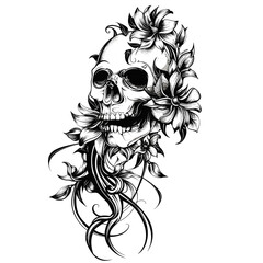 Wall Mural - A skull with flowers and vines on it. The skull is smiling and has a flower on its nose