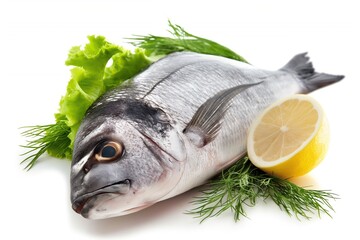 Wall Mural - Fresh raw dorado fish with lemon slices isolated on white background