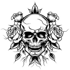 Wall Mural - A skull with roses surrounding it. The skull is smiling and the roses are in various stages of bloom. Scene is one of beauty and elegance, despite the dark subject matter