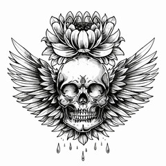 Wall Mural - A skull with wings and a flower on top. The skull is surrounded by leaves and the flower is in the center. The image has a dark and mysterious mood