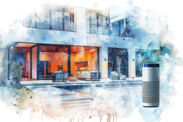 Poster - A watercolor painting of a cozy home with a smart speaker on the counter, ideal for illustrations about modern technology and everyday life