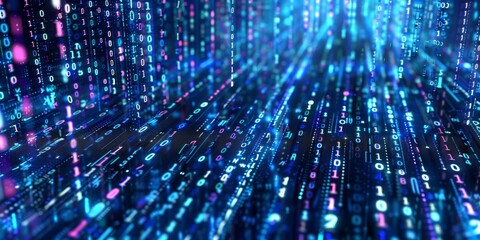 Poster - A digital matrix with streaming lights and binary codes portrays data flow and technology advancements