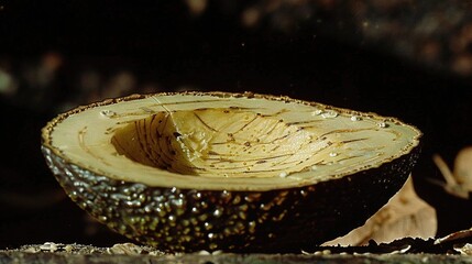   A close-up photo of an avocado cut in two and resting on grass near a leafy tree