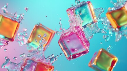 Canvas Print -   Ice floats atop blue-pink liquid bubbles on blue-pink backdrop