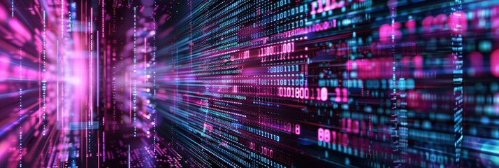 Poster - A digital matrix with streaming lights and binary codes portrays data flow and technology advancements