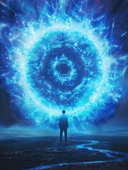 Wall Mural - Man stands in front of blue, glowing, swirling vortex
