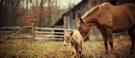 Poster -  A horse, brown, standing with its young in the field before the barn