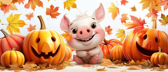 Poster -   Pig with Jack-o-Lanterns and Pumpkins