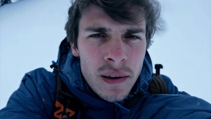 Wall Mural - Close up of a Caucasian young mans face as he snowboards down a slope.