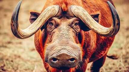 Sticker -   Close-up of a bull with large horns grazing in a grass field surrounded by other animals