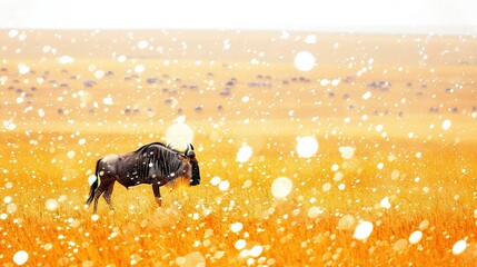 Wall Mural -   A wildbeest stands in a grassy field during a snowstorm with winds whipping through the grass blades