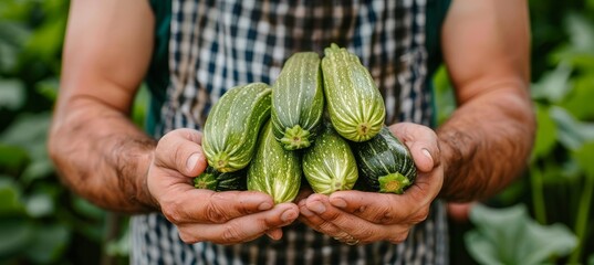 Wall Mural - Close up of person holding fresh zucchini vegetables in hands for a detailed view