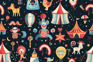 A colorful and whimsical scene of circus animals and tents, generative ai image..