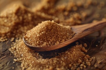 Poster - A wooden spoon filled with brown sugar, placed on a wooden table