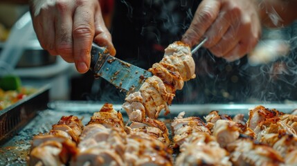 Sticker - Person is cooking chicken skewers on grill