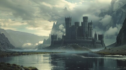 Wall Mural - Castle is in middle of large, dark, and cloudy landscape