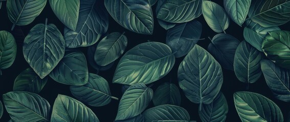 Wall Mural - Dark green background with a simple leaf pattern The dark forest color adds depth and contrast to the natural elements of leaves Generative AI