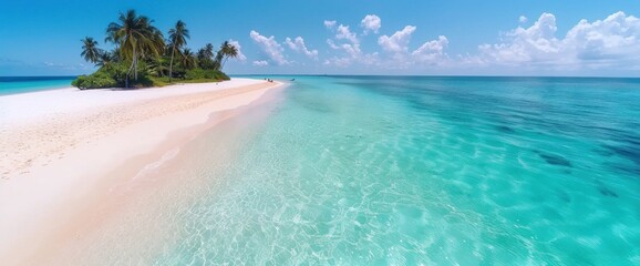 Wall Mural - Drone shot of a serene beach with turquoise waters and white sand, clear skies, and palm trees