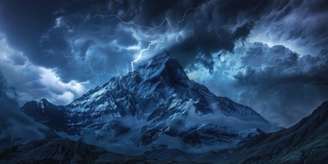 Wall Mural - mountain range covered in snow and clouds with lightning bolt in sky